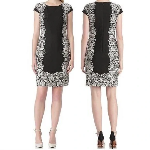 Nine West Black Ivory Taupe Damask Print Cap Sleeve Shift Dress NWT 8  Stretch